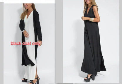 Women's V-neck sleeveless dress and long cardigan jacket set in solid colors