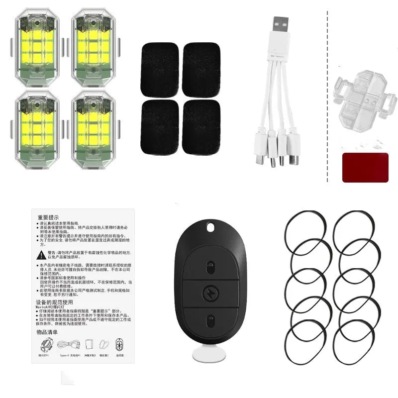 5W remote control strobe light set with four flashing lamps, ABS housing, and charging cable for vehicle modification.