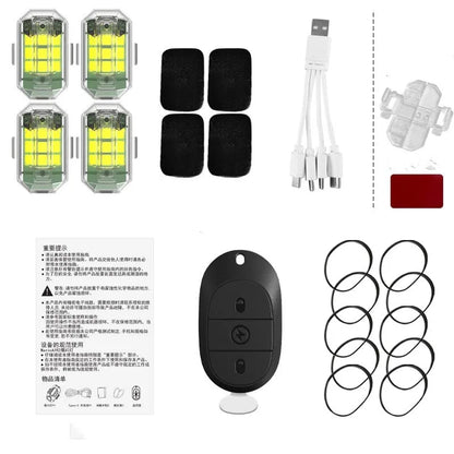 5W remote control strobe light set with four flashing lamps, ABS housing, and charging cable for vehicle modification.