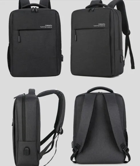 Rechargeable waterproof black Oxford cloth laptop backpack for a 15.6-inch computer.