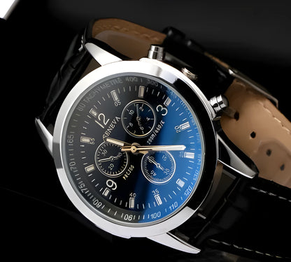 Men's quartz watch with blu-ray colourful glass, three-eye dial, black or brown belt, black or white dial.