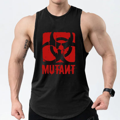 Loose-fit polyester workout tank top in multiple colours on a size chart.