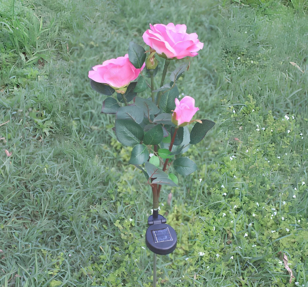Solar rose garden lamp with white LEDs and crepe petals for pathway lighting