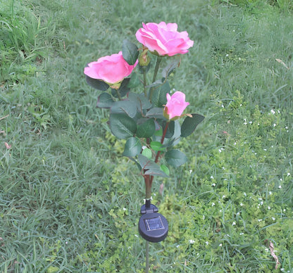 Solar rose garden lamp with white LEDs and crepe petals for pathway lighting