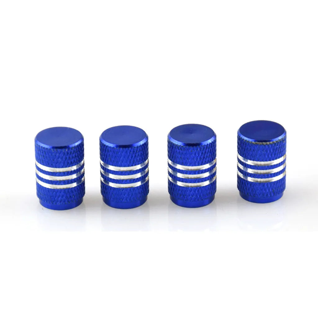 Set of stainless steel car tyre valve caps in multiple colours: black, red, blue, gold, silver, green, purple, sky blue, grey, orange.