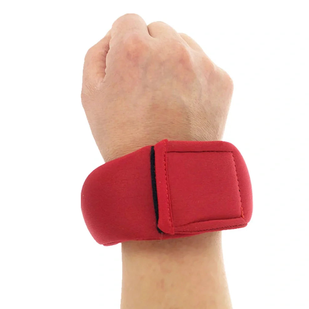 Red neoprene weight-bearing sandbags with reinforced stitching for strength training