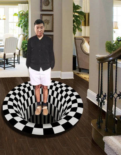 3D geometric round carpet with black and white vortex illusion design