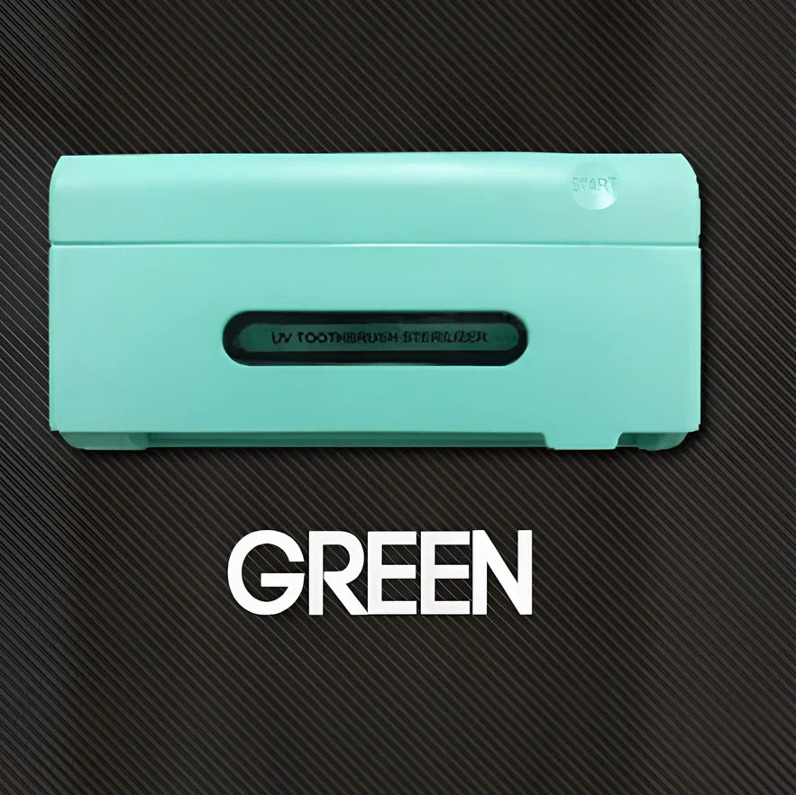 White UV toothbrush sterilisation holder with 253.7nm wavelength disinfection, 157mm width compact design for bathroom counter