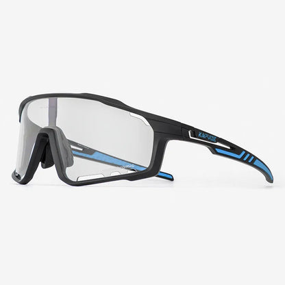 Photochromic cycling sports goggles with a semi-rimless TR90 frame and adaptive tint lens.