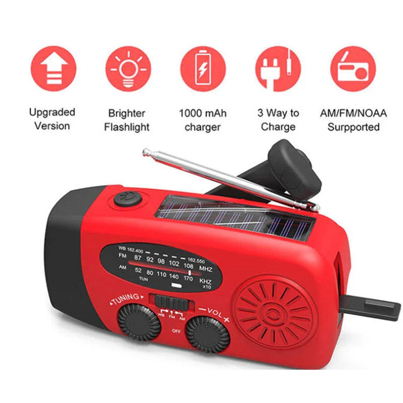 Powerful solar-powered radio and flashlight with hand crank and USB charging capabilities