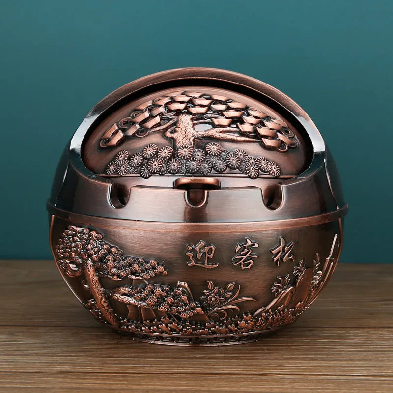 Alloy ashtray with smoke extinguishing slot in bronze finish, featuring Dragon and Phoenix motif, S size