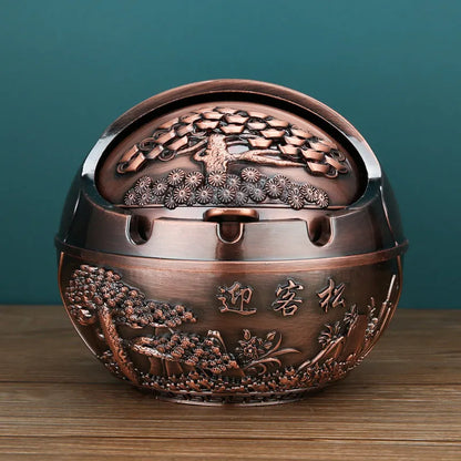 Alloy ashtray with smoke extinguishing slot in bronze finish, featuring Dragon and Phoenix motif, S size