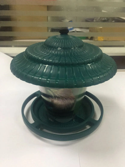 Hanging plastic transparent bird feeder, 18cm x 18cm x 19cm, shown in green or red.