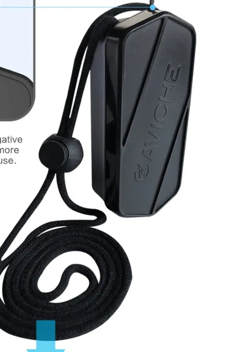 Black wearable air purifier necklace with compact 80mm dimensions and 650mAh battery