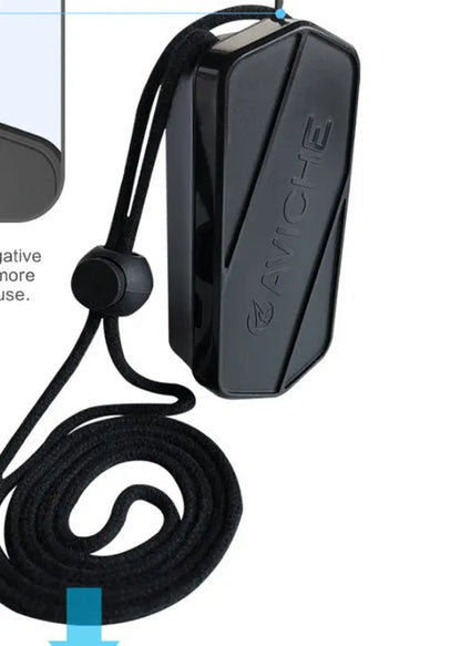 Black wearable air purifier necklace with compact 80mm dimensions and 650mAh battery