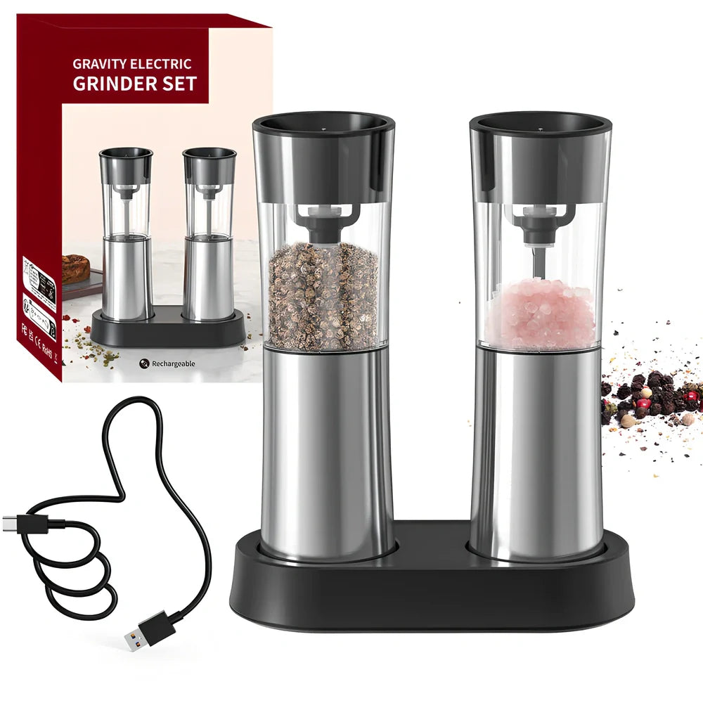 Stainless steel electric pepper grinder with button operation and Type-C charging port