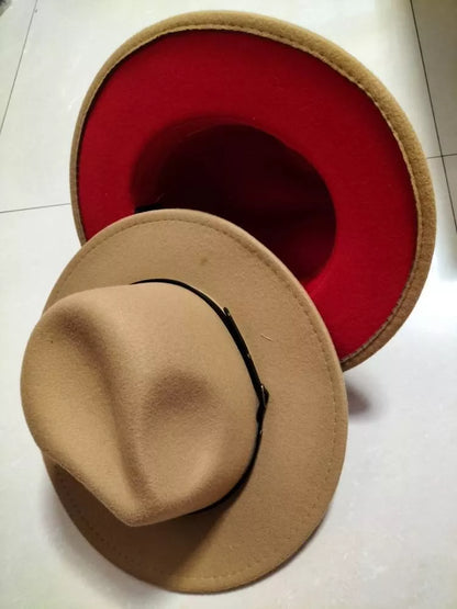 Woolen flat brim fedora jazz hat in black and red, perfect for winter warmth and style