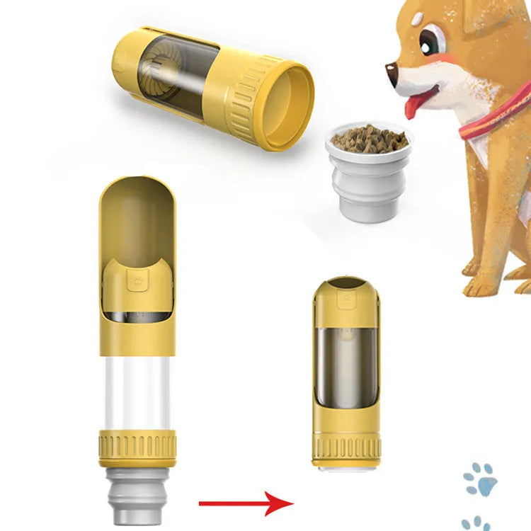 Dark blue portable dog water bottle with integrated bowl, showing compact 215x75x75mm size and one-hand operation mechanism