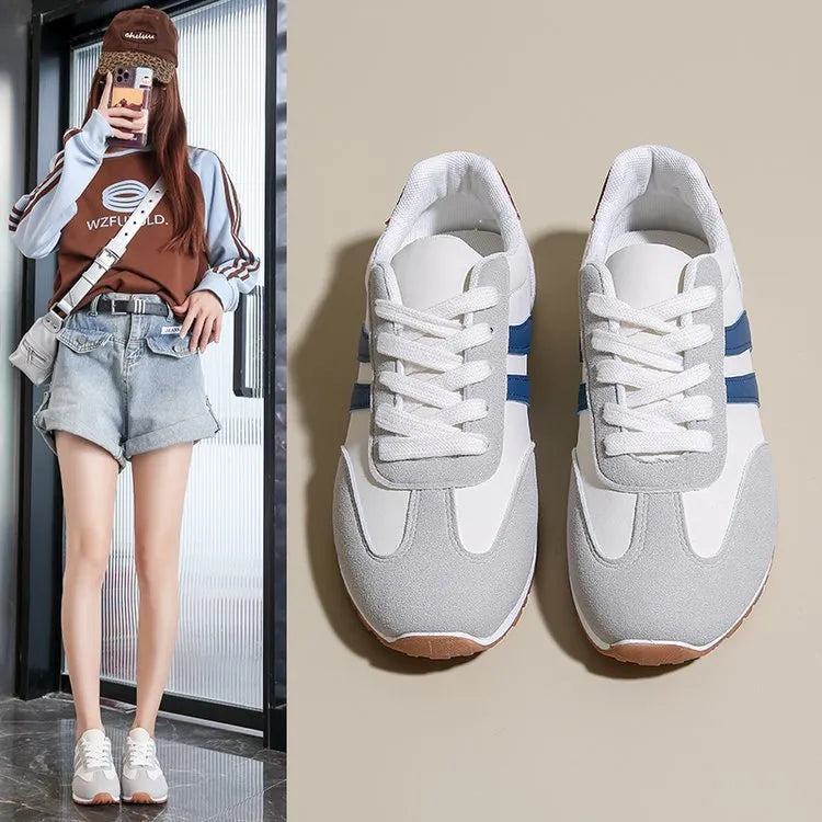 Cortez style casual sports shoes in blue and grey stripes with flat rubber sole and round toe for leisure wear, artificial PU upper with wear-resistant function in sizes 36 to 43