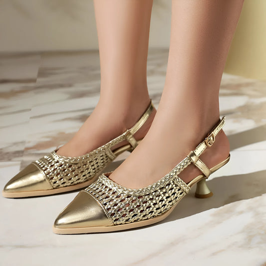 Gold women's professional sandals with a cat heel, pointed toe, and ankle buckle strap.