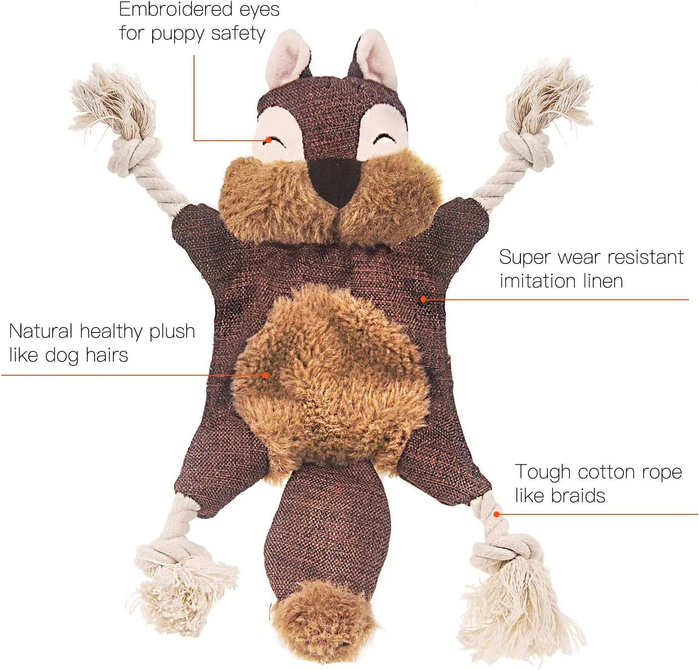 Brown stuffless fox plush dog toy with cotton rope limbs and embroidered eyes