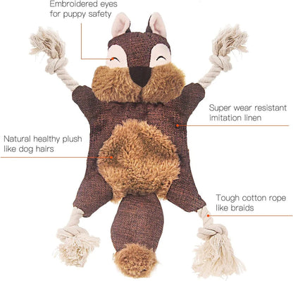 Brown stuffless fox plush dog toy with cotton rope limbs and embroidered eyes