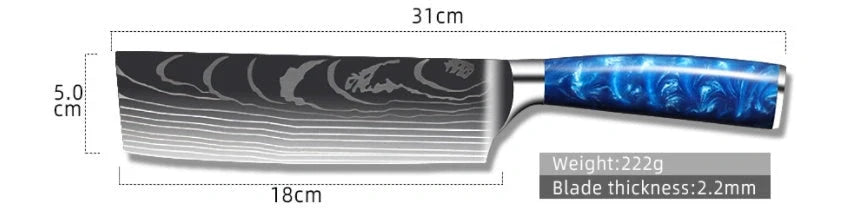 8-inch Chef Knife with vibrant blue resin handle, perfect for precision cutting in the kitchen.