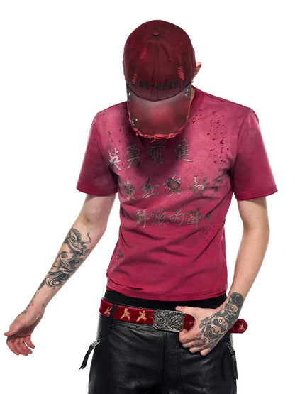 Men's red slim-fit distressed t-shirt with short sleeves and round neck in Korean youth style