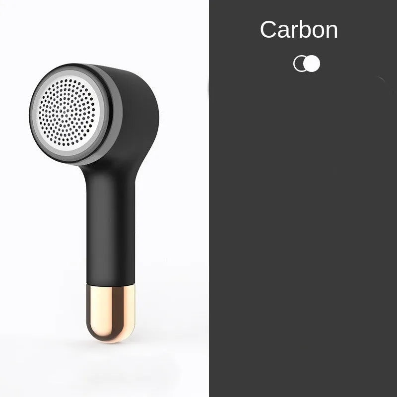 USB rechargeable hair ball trimmer in black, green, red, or white on a fabric background.