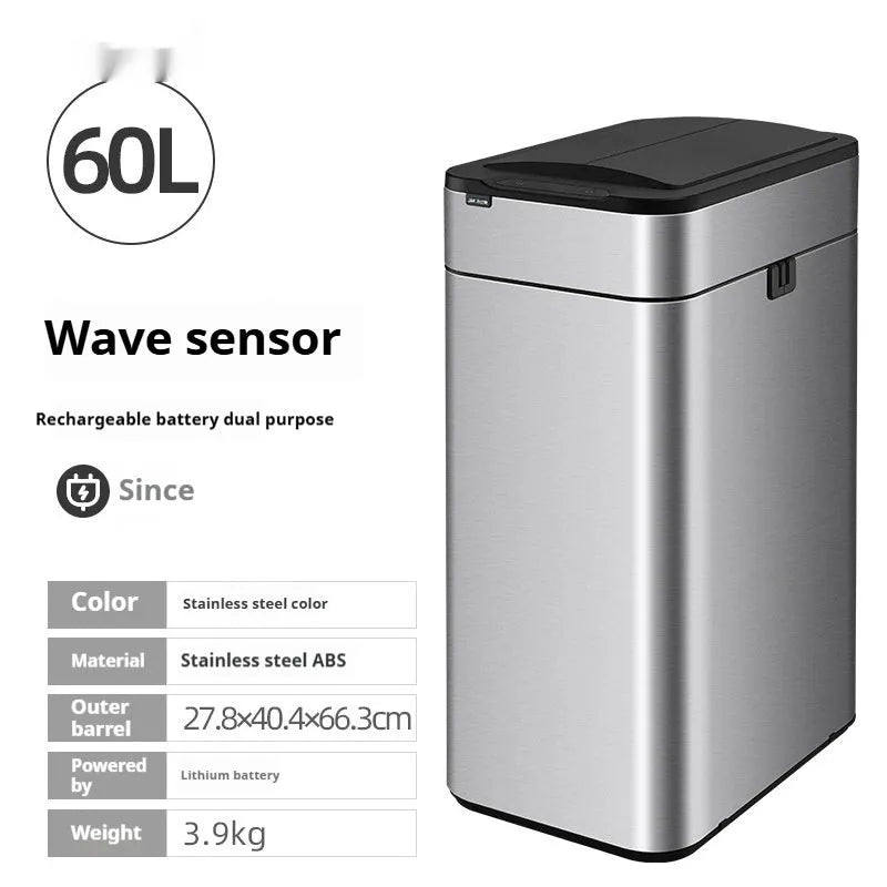 Inductive ashbin smart trash can with automatic lid, stainless steel construction, and square bucket shape