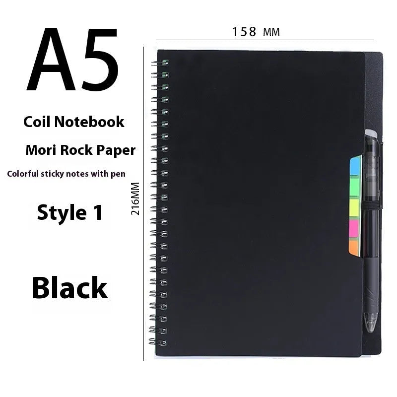 Coil-bound erasable notebook with stone paper pages and multiple cover colour options