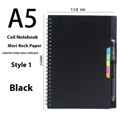 Coil-bound erasable notebook with stone paper pages and multiple cover colour options