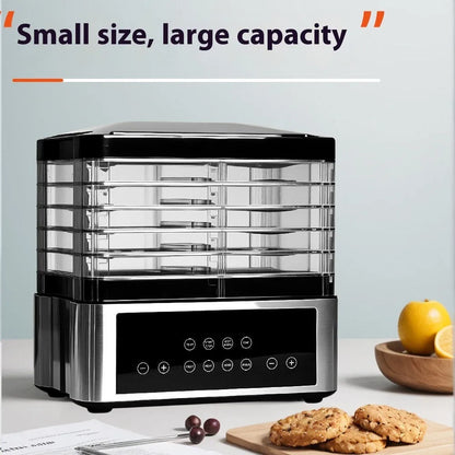 Silver stainless steel fruit dehydrator with multiple drying trays and digital temperature control display