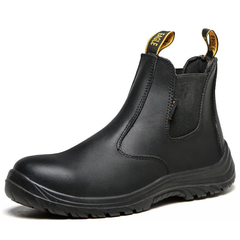 Black leather high-top safety work boots with anti-piercing sole on a worksite background.