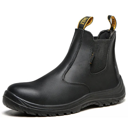 Black leather high-top safety work boots with anti-piercing sole on a worksite background.