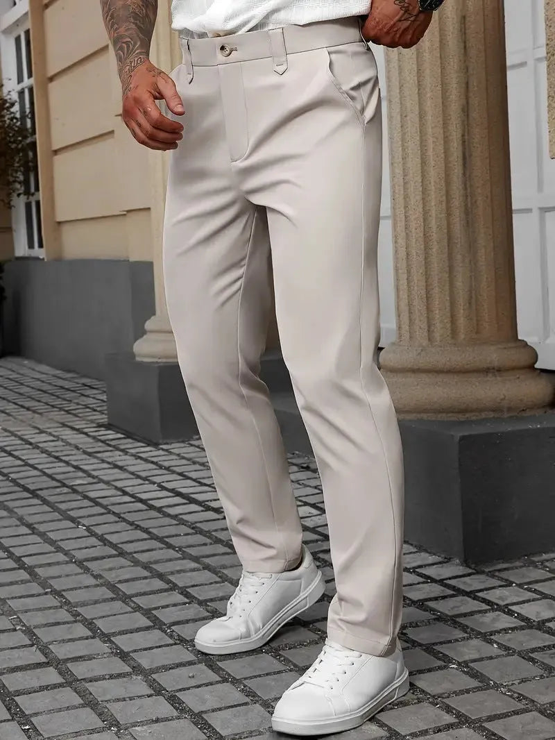 Men's straight leg business trousers in four colours: black, apricot, grey, and white.