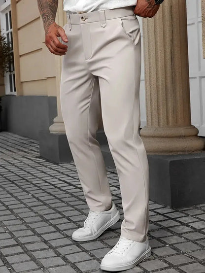 Men's straight leg business trousers in four colours: black, apricot, grey, and white.