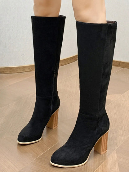 Women's square toe high heel boots in artificial PU material with block heel