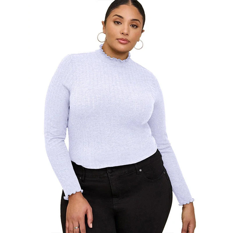 Women's half-high collar long sleeves t-shirt in rib sunken stripe fabric, available in multiple colors