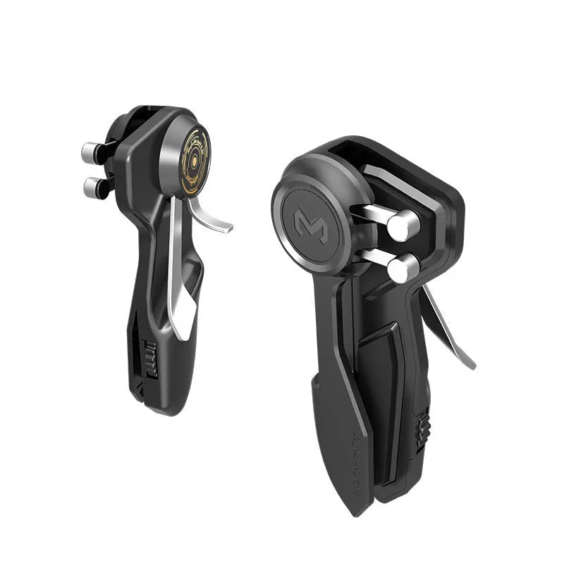 Black six-finger adjustable PUBG game controller for tablets and smartphones shown from the front.