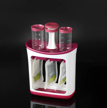 Baby food squeeze station pressing puree into 4-ounce pouch with ABS construction measuring 18x9x22cm