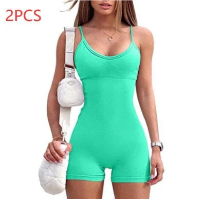 Stylish spaghetti strap jumpsuit in various vibrant colors, perfect for yoga, workouts, and everyday wear.