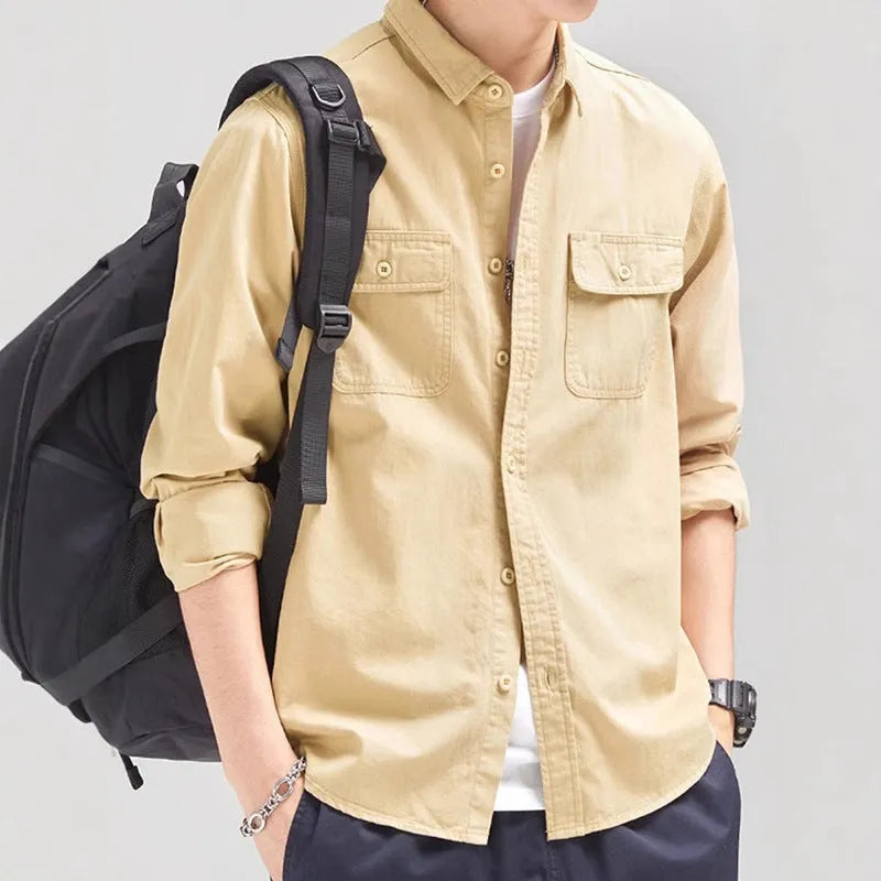 Men's loose cardigan style long sleeve shirt overalls in polyester fabric