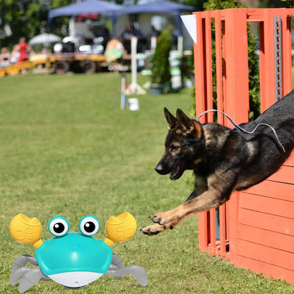 Blue crawling crab dog toy with obstacle avoidance sensor, measuring 21.5cm long, on a flat surface