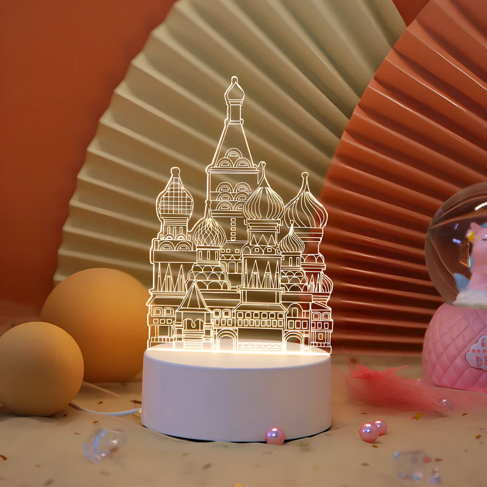 Creative USB bedside night light with acrylic castle scene, 20x17.5cm size, touch control for three light modes