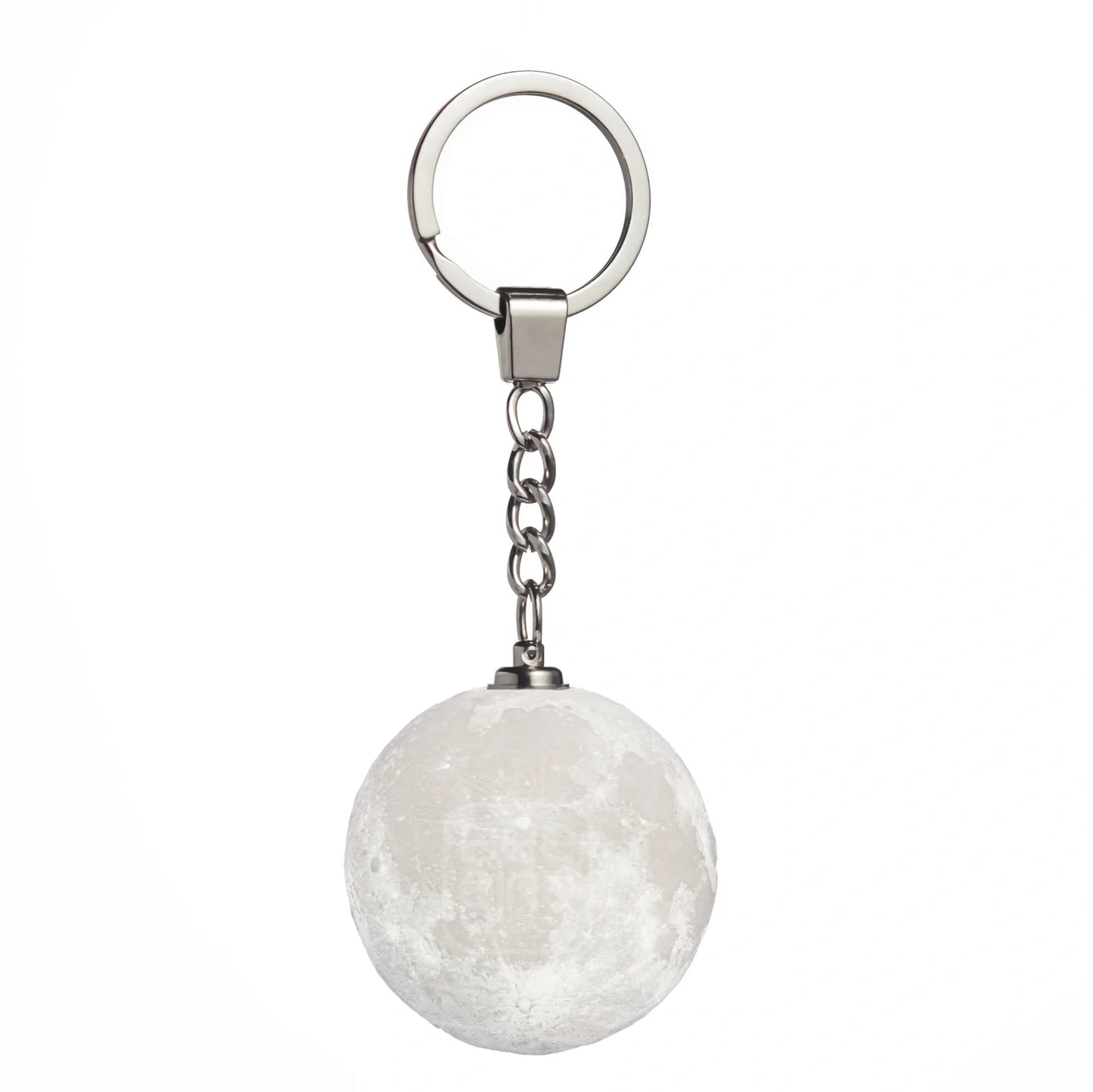 Spherical moon lamp keychain with colour changing LEDs, 6cm diameter with hanging loop