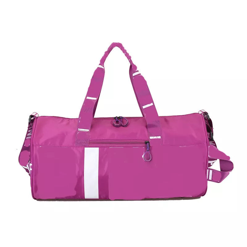 Large fitness bag with multiple compartments in blue, purple, pink, black, and grey