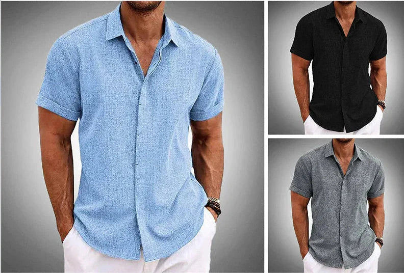 A versatile linen shirt in various colors, featuring a standing collar and short sleeves for a modern, tailored look.