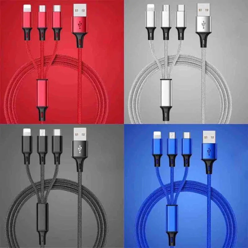 Red 3-in-1 braided charging cable with iPhone, Android and Type-C connectors shown at 1.25 metre length