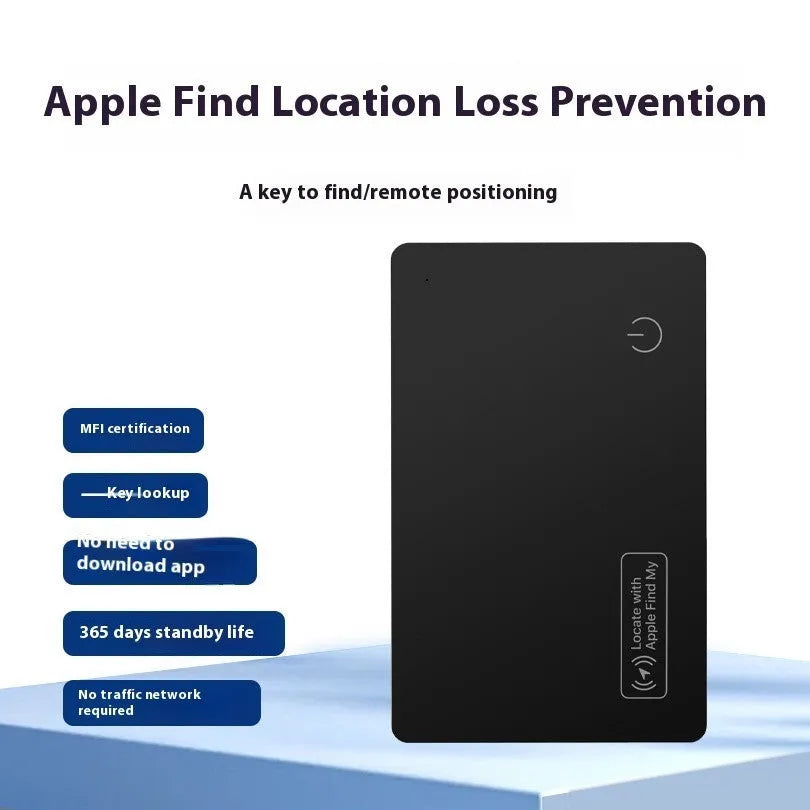 Black ultra-thin anti-loss tracking card next to credit card showing 2.5mm thickness comparison